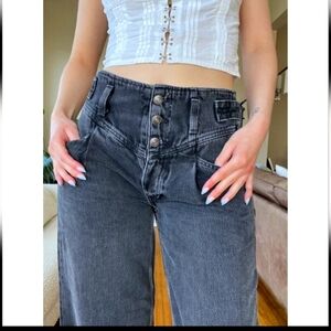 NWT Free People Care FP Super Sweeper Wide Leg Jeans in Worn Black.